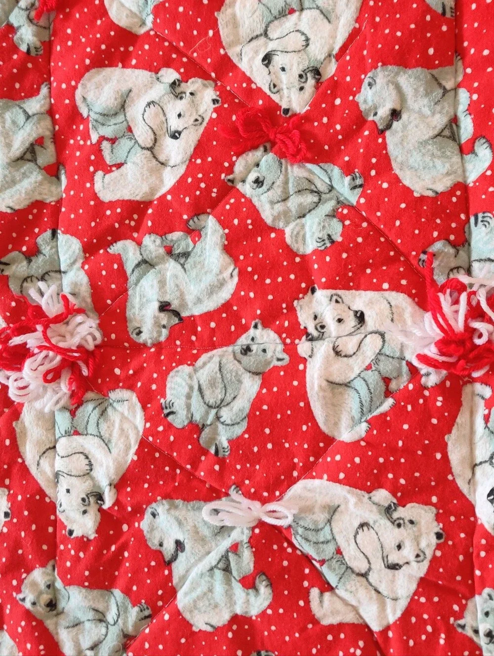 Vintage Handmade Red Polar Bear Baby Blanket Red Quilt Christmas Holiday Lace